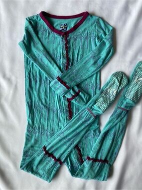 Kickee Pants Turquoise Bird Ruffle Footie PJs